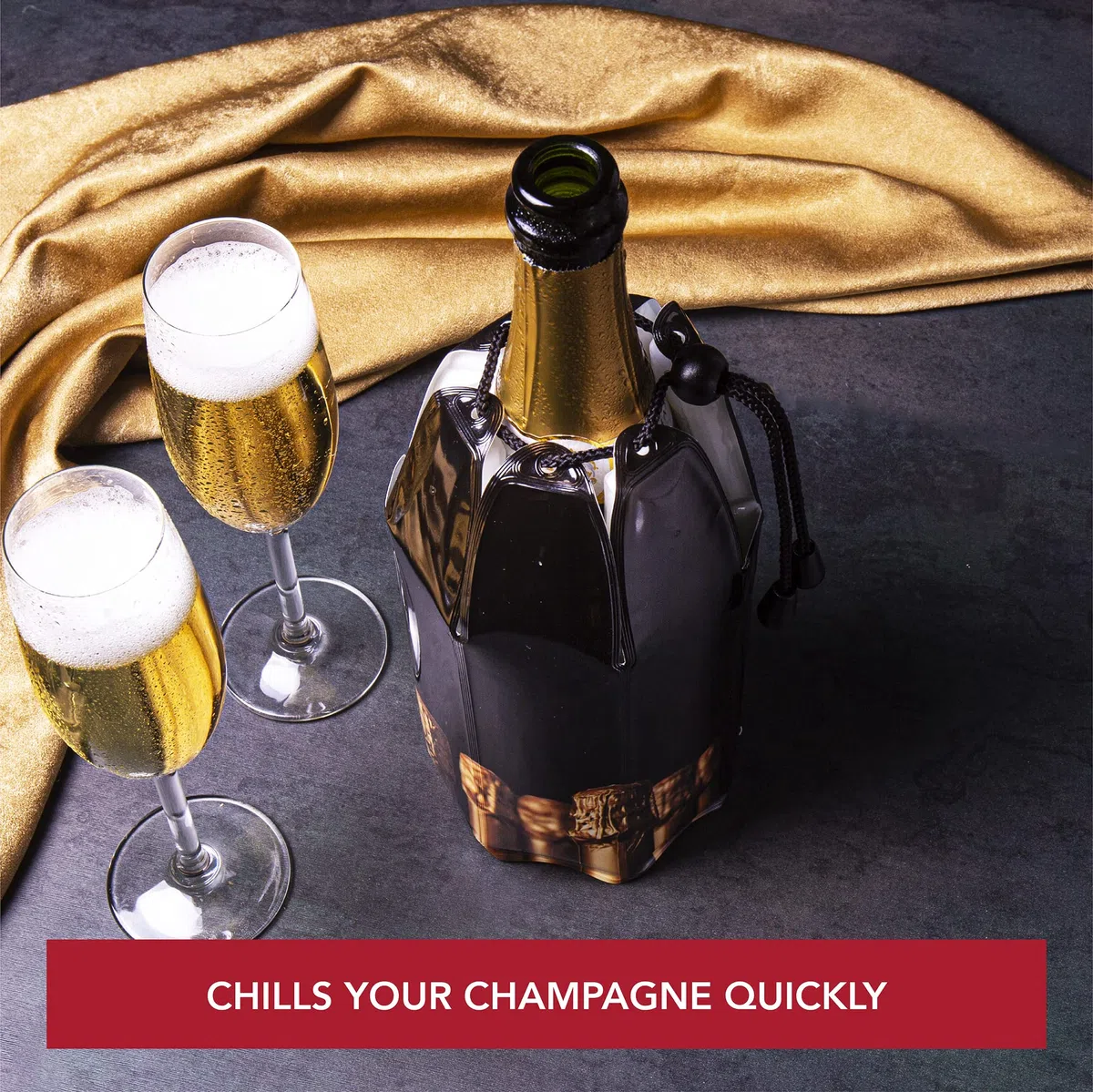 Vacu Vin Active Cooler Champagne Chiller - Reusable, Flexible Wine Bottle Cooler - Champagne Bottle Print - Champagne Cooler Sleeve For Standard Size Bottles - Insulated Champagne Bottle Chiller