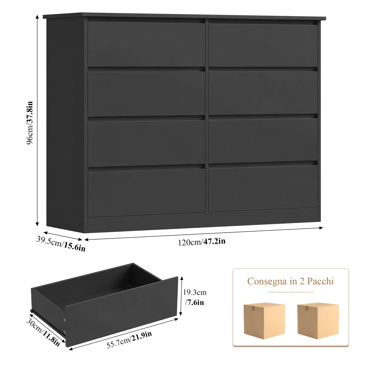 FOREHILL 120 cm Cassettiera con 8 Cassetti, Cassettiera Camera da Letto, Comò Camera da Letto, Mobile con Cassetti Moderna, per Corridoio, Soggiorno, 120x39,5x96cm (Nero)