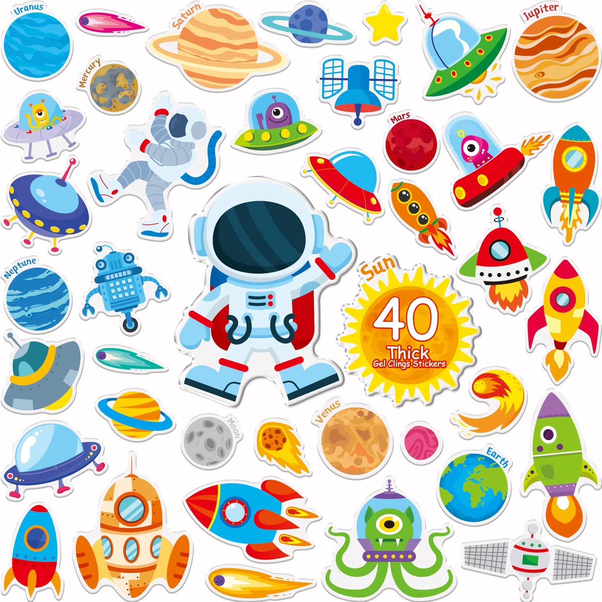 40 Pezzi di Adesivi in Gel Spaziale, Adesivi per Finestre e Porte Spesse dell'Universo, Rimovibili, Riutilizzabili, Adesivi di Pianeti per Bambini, Neonati, Casa, Classe, Decorazioni(Non Commestibili)