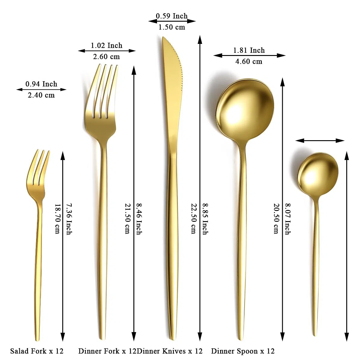 Evanda Set di Posate oro 60 pezzi per 12, set di posate in acciaio inox placcato oro al titanio, set di coltelli, forchette, cucchiai e posate per matrimoni, sale da pranzo, lavabile in lavastoviglie
