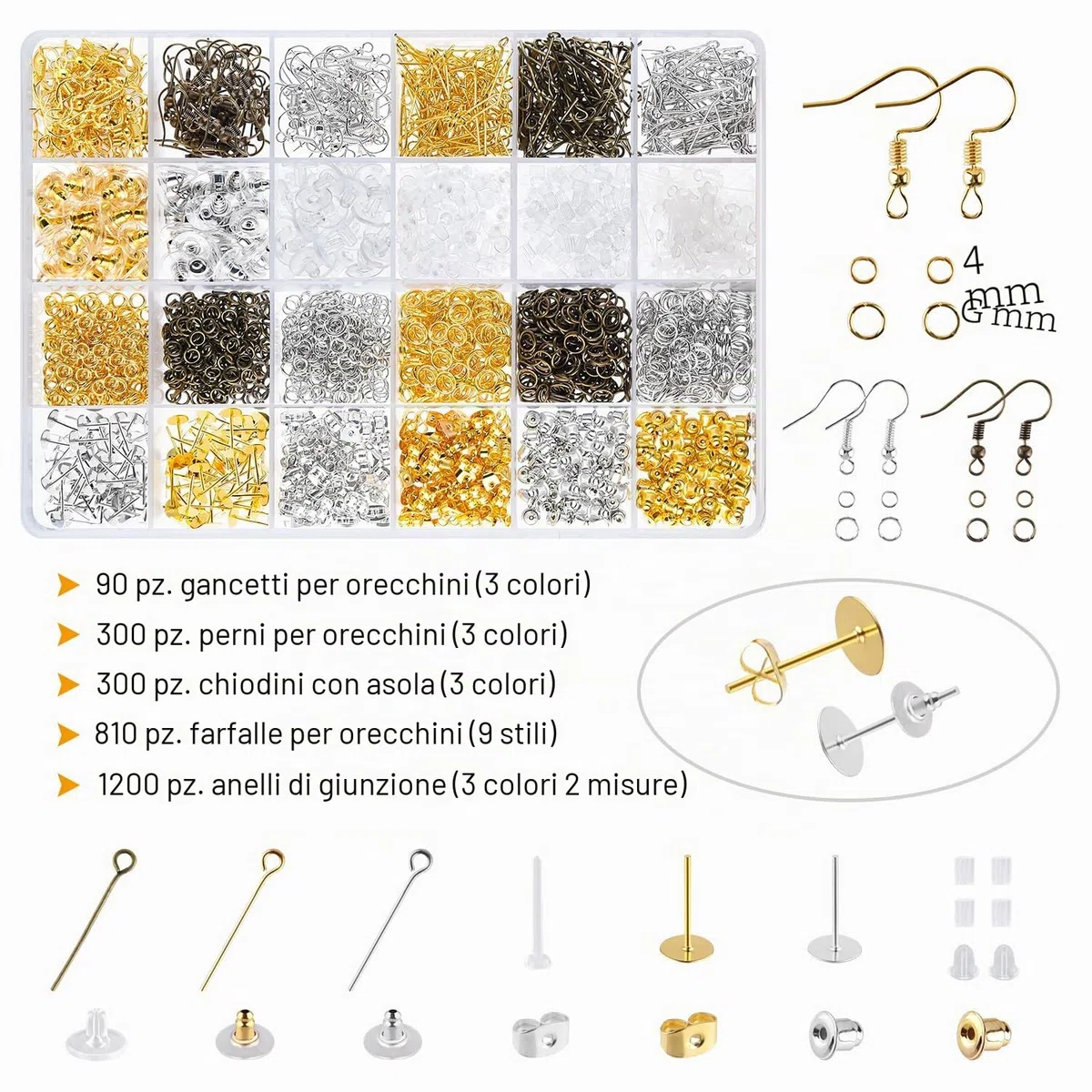 CHRORINE 2940PCS Kit per creazione di Orecchini Ganci per Orecchini Anelli di Salto per orecchino per la Fabbricazione e la Riparazione di Orecchini