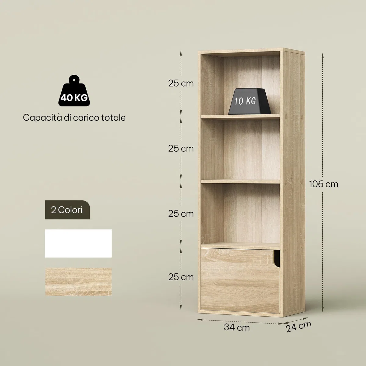 eSituro Libreria Verticale con 3 Scomparti a Giorno e 1 Armadietto, Scaffale Salvaspazio per Studio, Ufficio, in Truciolare e MDF, Legno Chiaro, 34x24x106 cm
