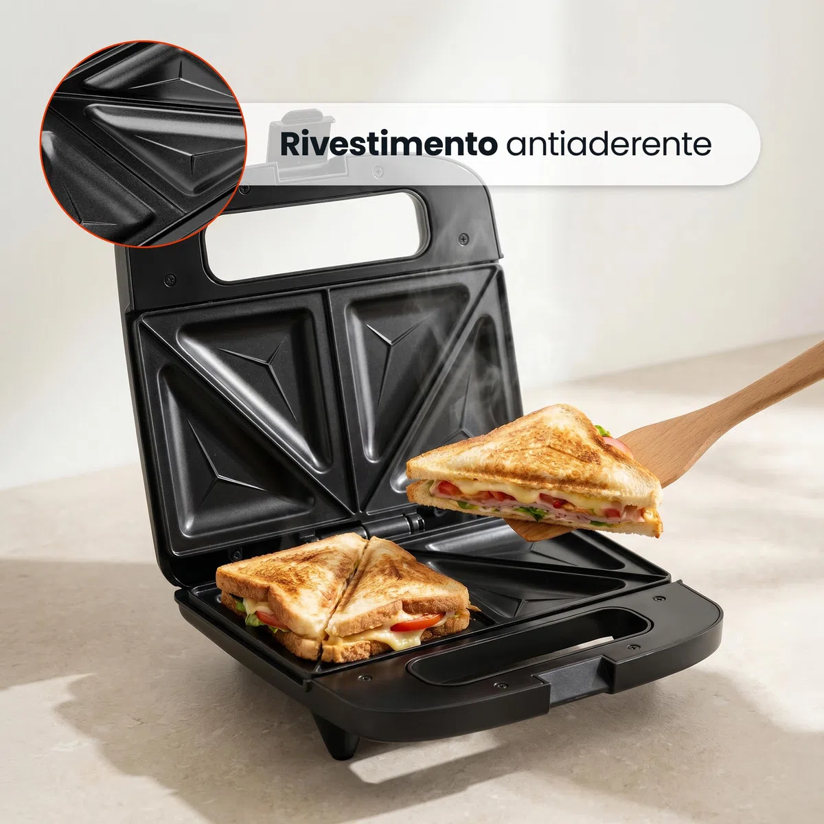 EasyBite Tostiera Elettrica Sandwich Maker 1000W, Piastre Triangolari Antiaderenti, per 2 Sandwich, Nero