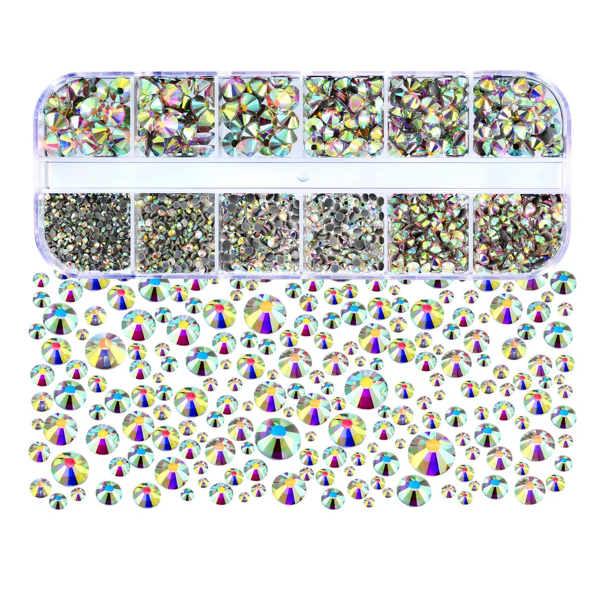 2000 strass termoadesivi in vetro, con retro piatto, termoadesivi, rotondi, 1,5-6 mm (SS4-SS30), in scatola, con pinzette e penna per strass (cristallo AB, 6 misure)