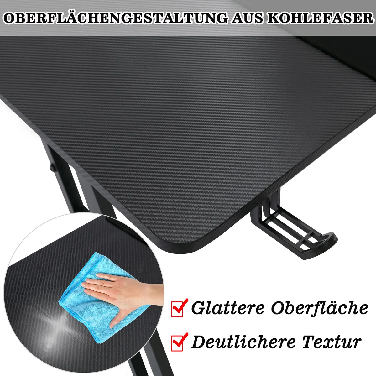 ACXIN Tavolo da gioco, 120 x 60 cm, scrivania per computer con gancio per cuffie e porta bevande, struttura a forma di Z, design ergonomico, scrivania in fibra di carbonio, nero
