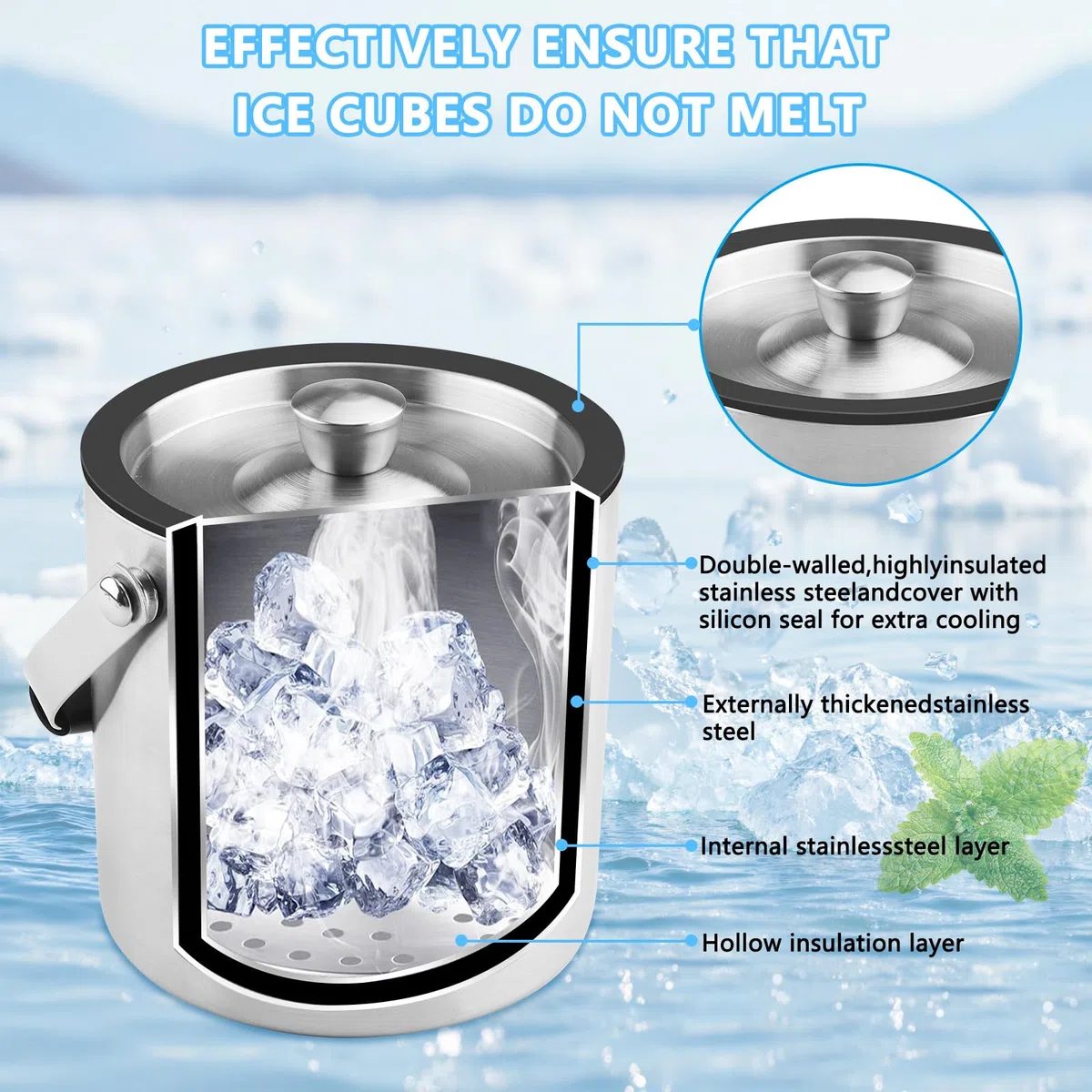 1.6L Secchiello Ghiaccio, Secchiello Ghiaccio Vino Acciaio Inox a Doppia Parete Isolante, Porta Ghiaccio con Coperchio, Pinze e Filtro, per Champagne, Contenitore per Ghiaccio, Bar, Cocktail