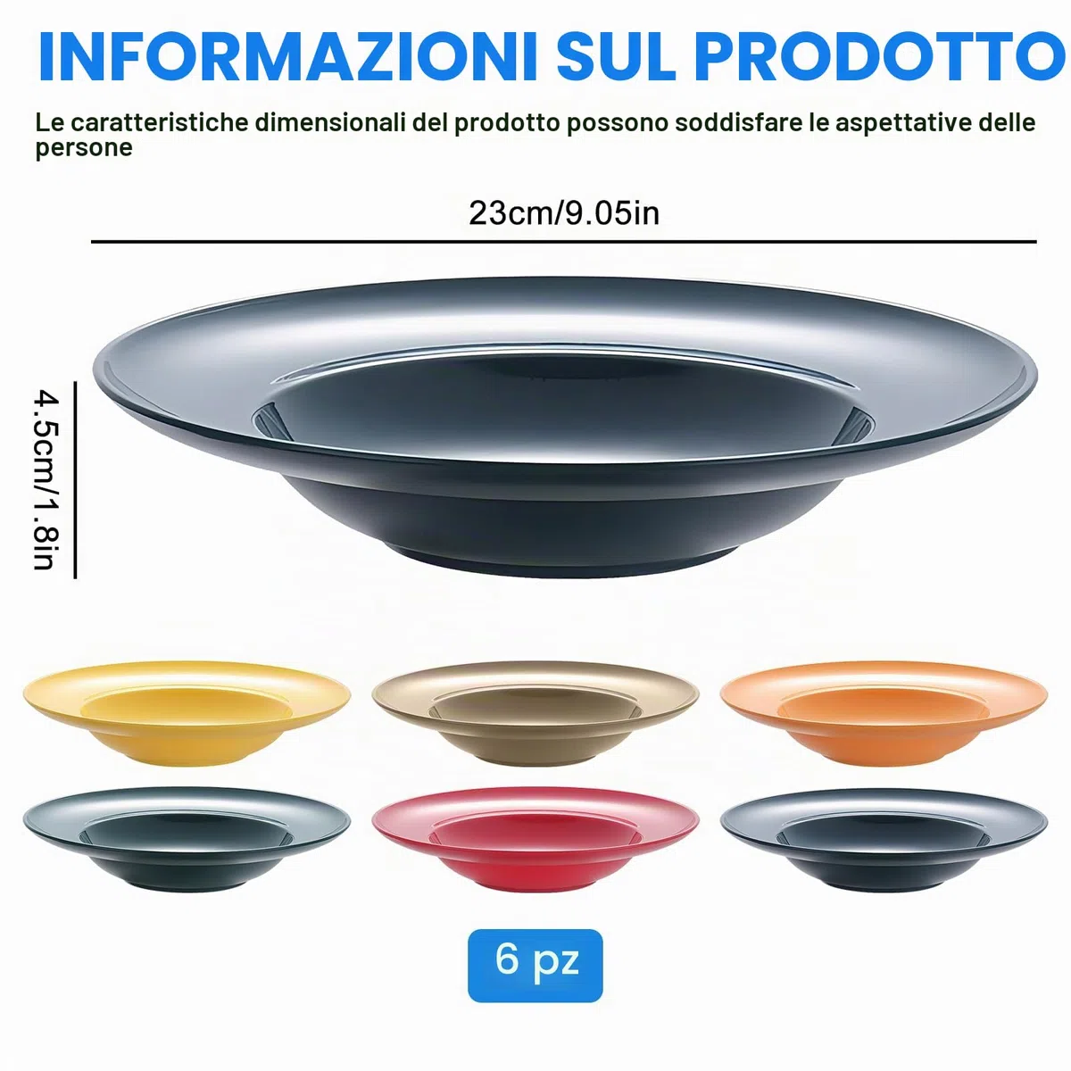 BAIFULAI Set di 6 piatti fondi, 4,5 x 23 cm, piatti fondi, riutilizzabili, diversi colori, piatti per spaghetti, piatti per pasta, insalate, bistecche