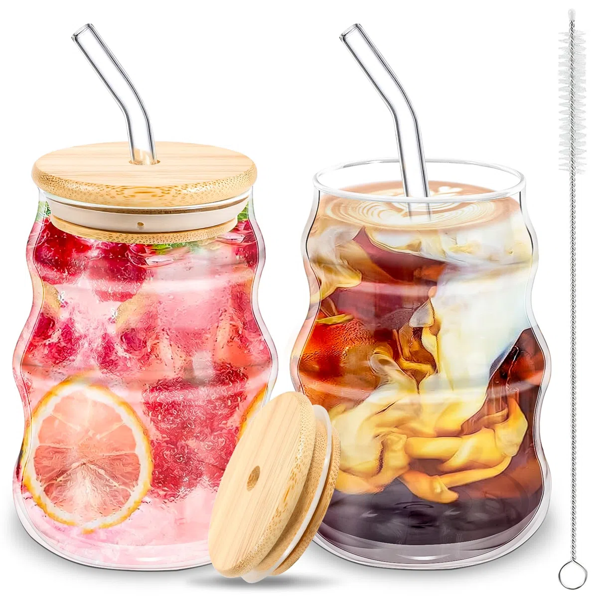 2 Pezzi Latte Macchiato Bicchieri da Caffè, 530ML Tazze in Vetro Ondulato, Bicchieri da Tè, con Coperchio e Cannuccia in Vetro e Pennello, per Tè, Birra, Latte, Caffè, Cocktail