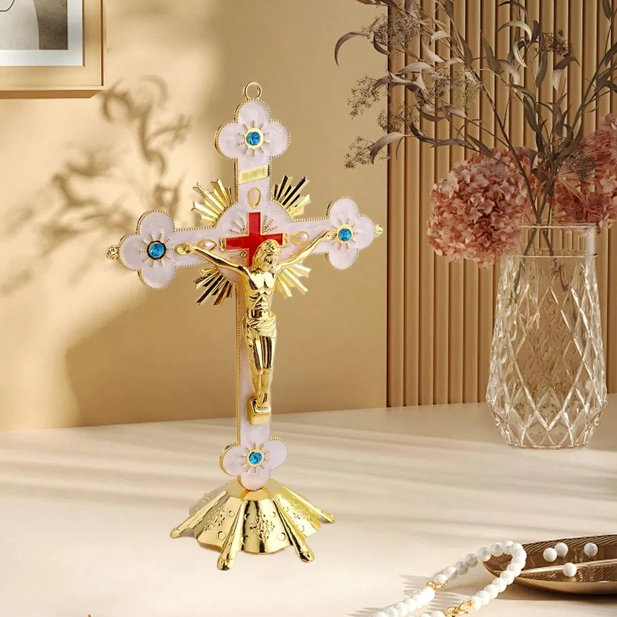 Syfunlv Croce in Metallo, Croce di Gesù Cristo, 13 x 8 x 21 cm, Oro, con Supporto da Tavolo, Classico, Religioso, Indoor, Outdoor, Regalo, Decorazione