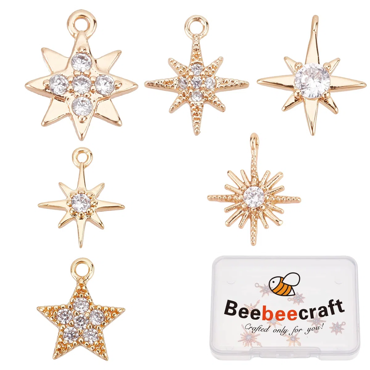Beebeecraft 12 ciondoli a forma di stella, placcati in oro 18 carati, 6 stili, con zirconia cubica, con anello di salto, per gioielli fai da te, bracciali, collane, orecchini