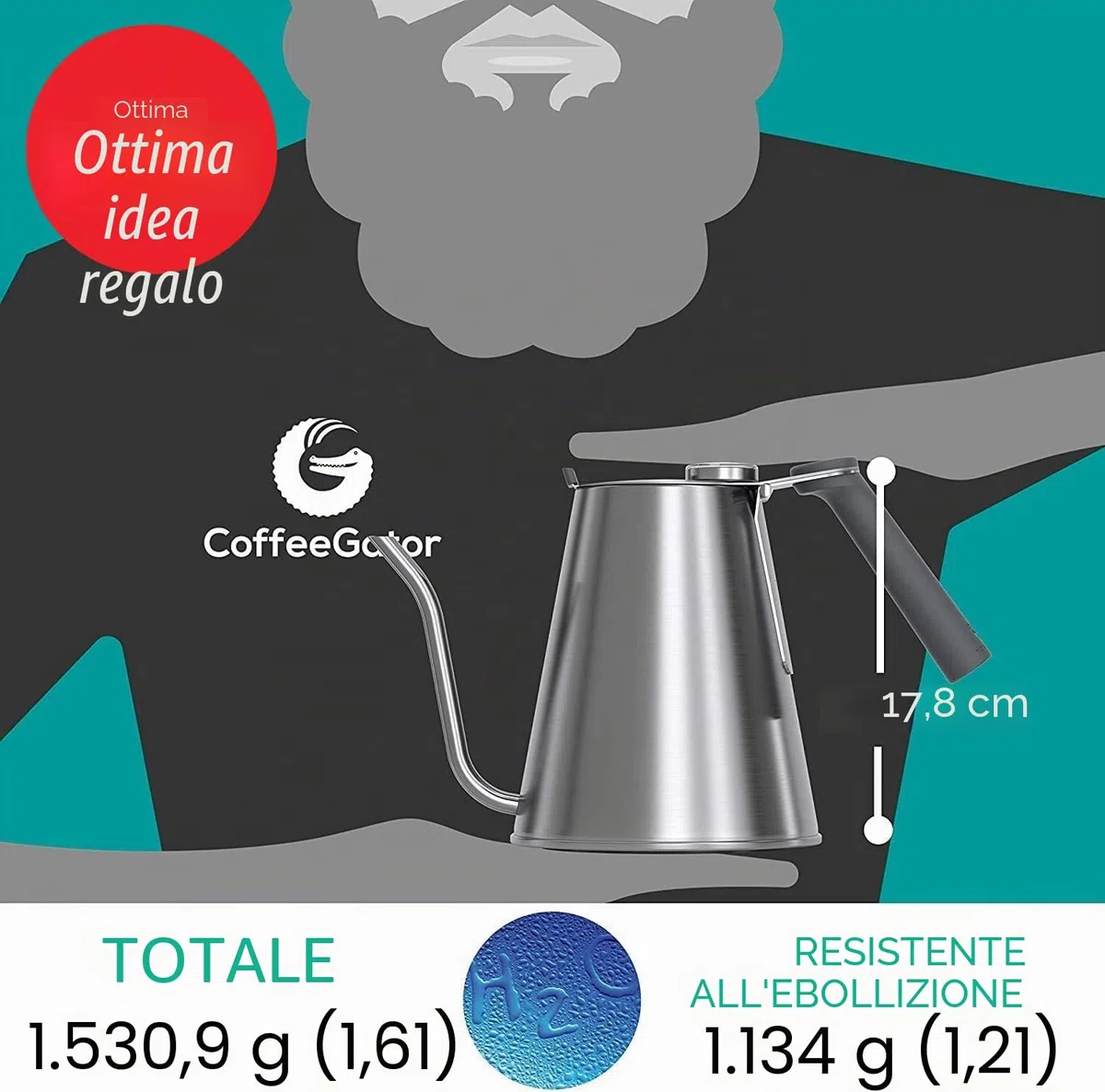 Bollitore True Brew di Coffee Gator - Bollitore professionale pour over, con beccuccio di precisione a collo d’oca, termometro integrato e coperchio a riempimento rapido - 1,6l