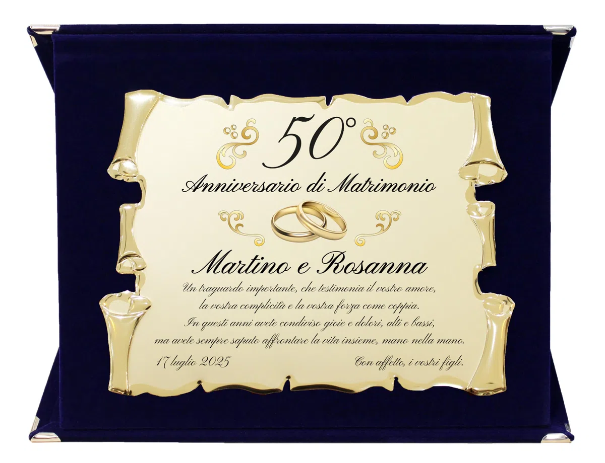 Regalo Anniversario Personalizzato | Targa Anniversario di Matrimonio | Regalo per nozze d'oro, d'argento, rubino, diamante | Cofanetto con Targa a Pergamena
