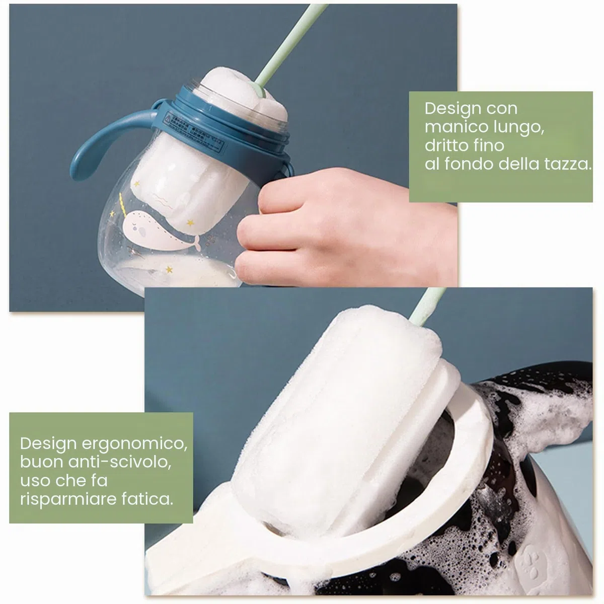 4 confezioni di spazzole per la pulizia con spugna morbida, spazzole per la pulizia con manico in plastica per biberon, borracce e tazze, strumento di pulizia per thermos e tazze (bianco, verde, blu