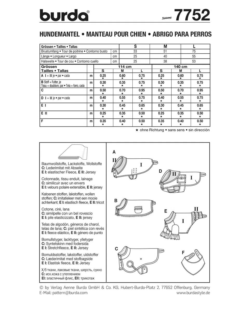 Burda B7752 - Cartamodello per cappottino per cane, dimensioni: 19 x 13 cm
