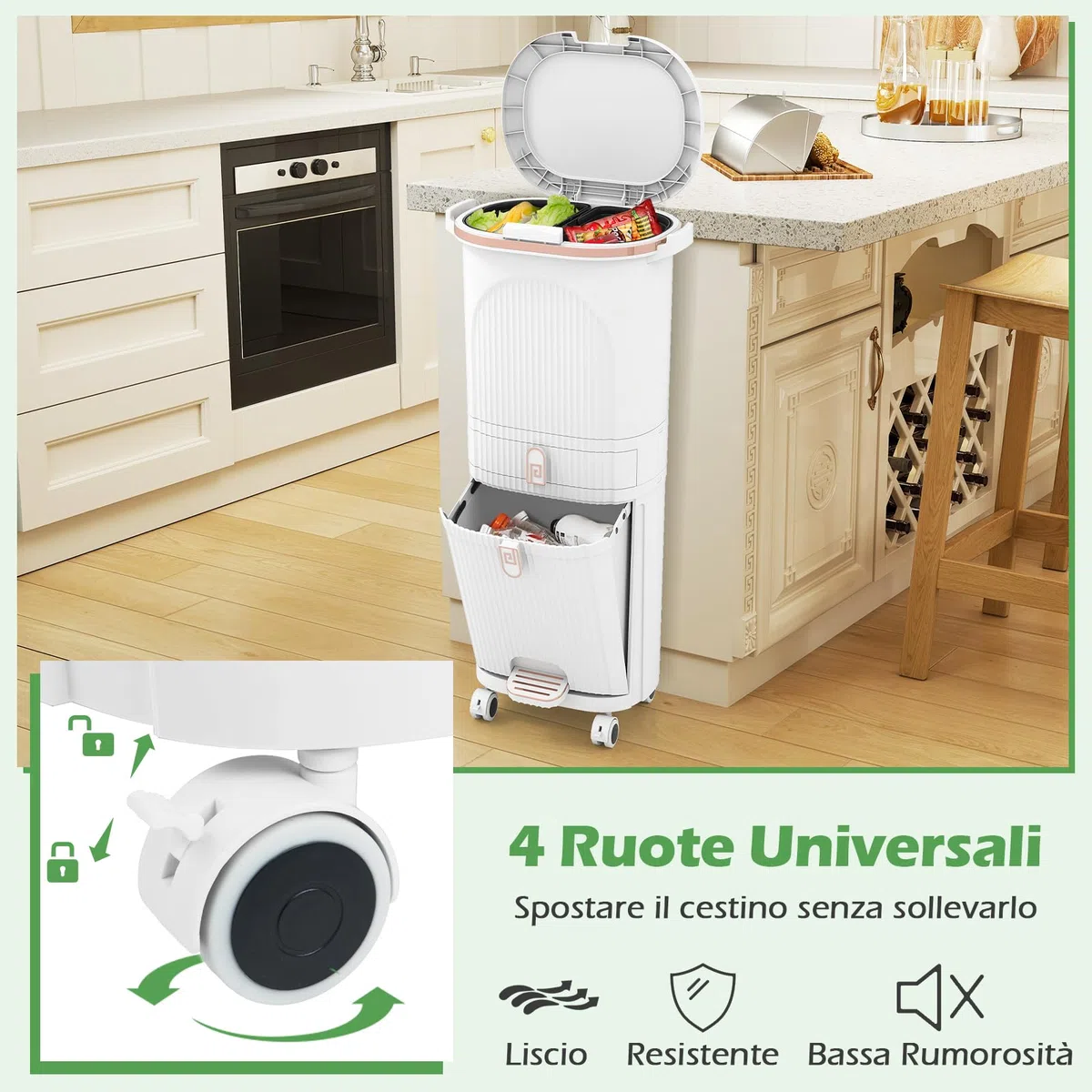 COSTWAY 42 L（12+12+14+4 L） Pattumiera Differenziata, Secchio Spazzatura a 3 Scomparti con Cassetto e Coperchi, 2 Secchi Rimovibili Pedale e Ruote, Bidoni Differenziata per Bagno Cucina Ufficio