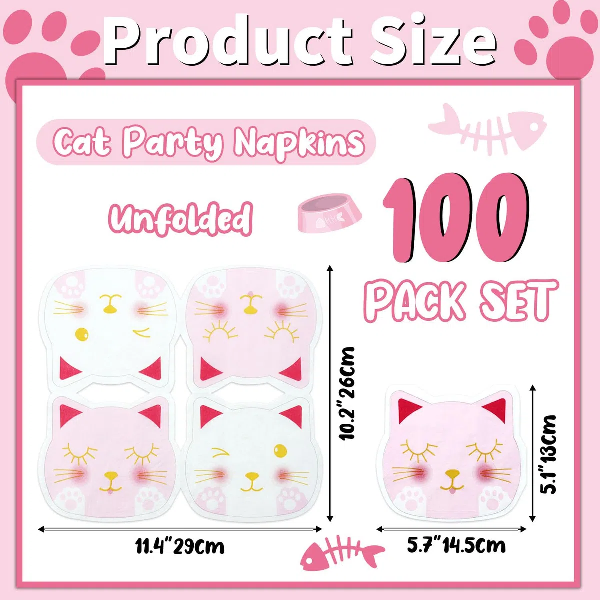 100 tovaglioli a forma di gatto, 25 x 29 cm, tovaglioli di carta con stampa a zampa bianca e rosa, decorazioni di compleanno per bambini, animali domestici, feste di compleanno