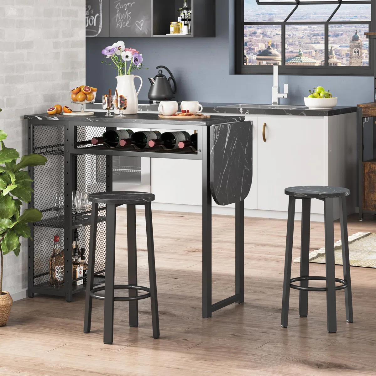 Set tavolo da bar con 2 sgabelli da bar, tavolo da pranzo con supporto per bicchieri da vino e ripiano, tavolo da cucina in stile industriale, tavolo da bar e bistrot (nero)