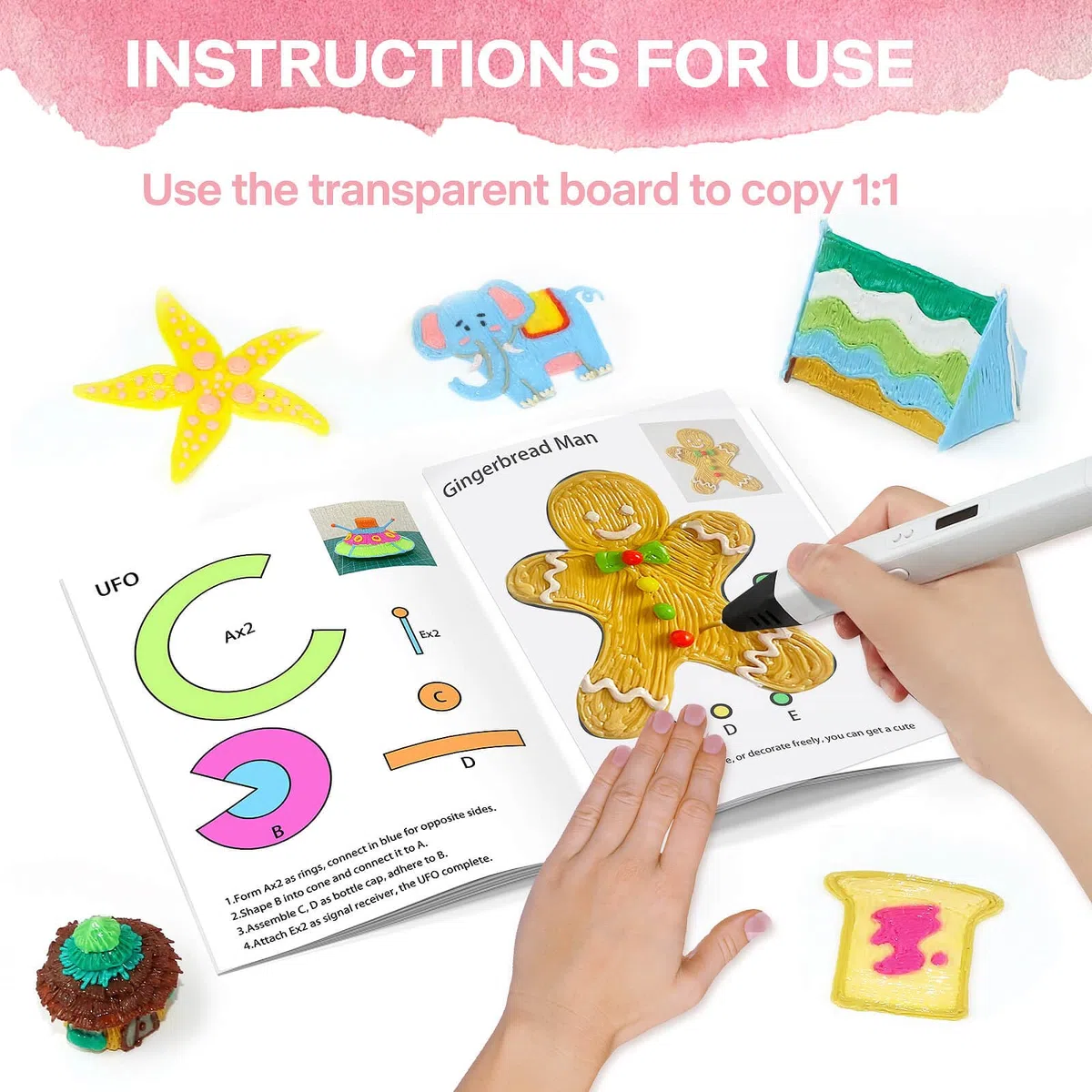 Dayker Libro di disegno con penna 3D, 40 modelli riutilizzabili per dipingere graffiti con tavola trasparente in PVC, stencil in carta spessa per arte 3D per principianti e artisti, regali fai da te