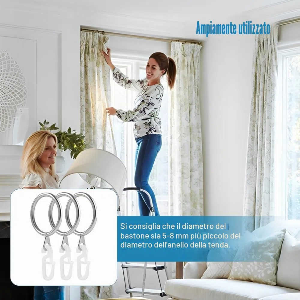 50 Pezzi Anelli Per Tende In Metallo, 30mm Anelli Per Tenda con 50 Ganci, Acciaio Inossidabile, Per Finestre, Porte, Tenda Da Doccia Per Binari,Casa, Bagno, Camera da Letto, Porte Finestre (argenteo)