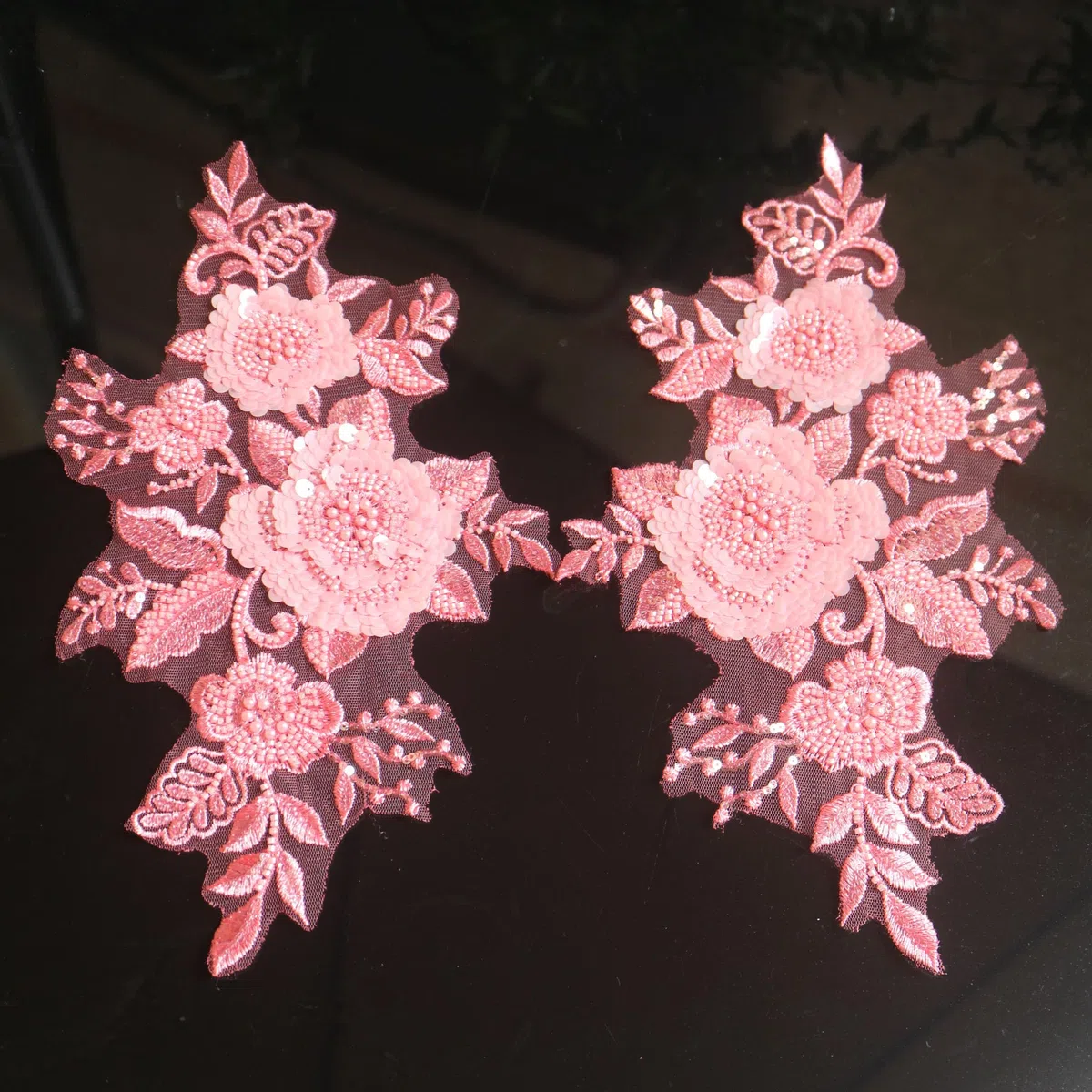 2 pz/paia di toppe ricamate con paillettes e fiori in pizzo per abiti da sposa con strass in pizzo toppe ricamate parches ropa per vestiti (rosa)