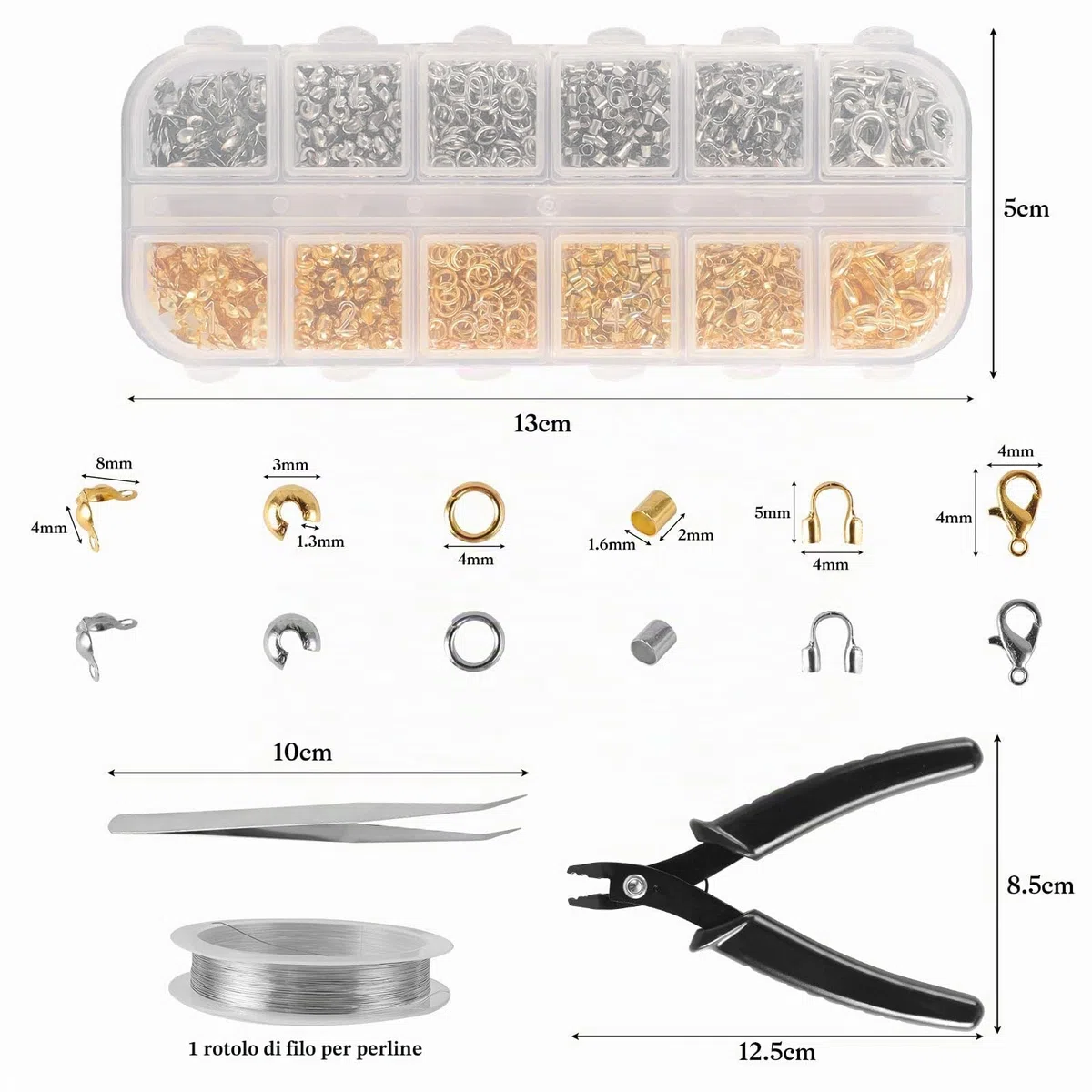 1200 Pezzi Set di Perline a Crimpare, Set di Perline a Crimpare, Chiusure a Moschettone, con 6 Accessori, per la Creazione di Gioielli per la Creazione di Gioielli