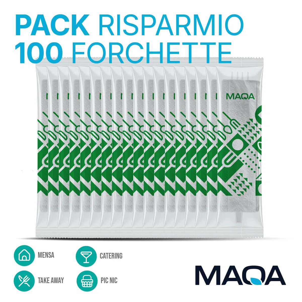 MAQA 100 Kit Forchetta Riutilizzabile in CPLA + Tovagliolo 2 Veli – Compostabili, Imbustati Singolarmente – Certificati per Uso Alimentare – Perfetti per Catering, Eventi, Uffici e Take Away
