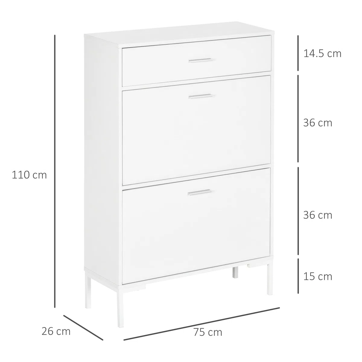 HOMCOM Mobile Portascarpe, Scarpiera Moderna per 12 Paia di Scarpe con 2 Ante a Ribalta e Cassetto, in Truciolato, MDF e Metallo, 75x26x110 cm, Bianco