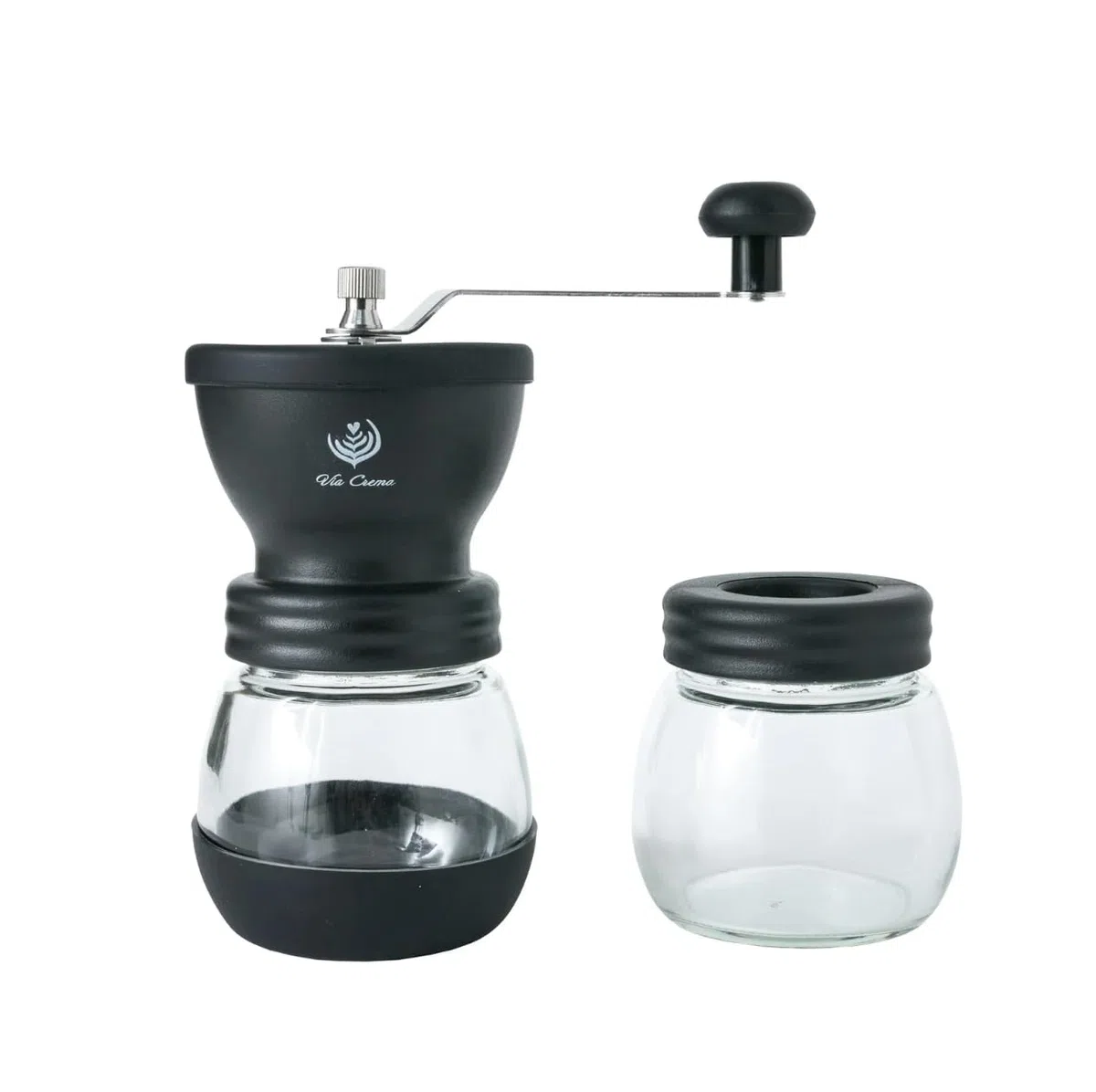 VIA CREMA Macina Caffè Manuale Macinacaffè Chicchi in Vetro, Coperchio Silicone, Lame in Ceramica Regolabili Pratico Macinino Macina Caffè a Mano