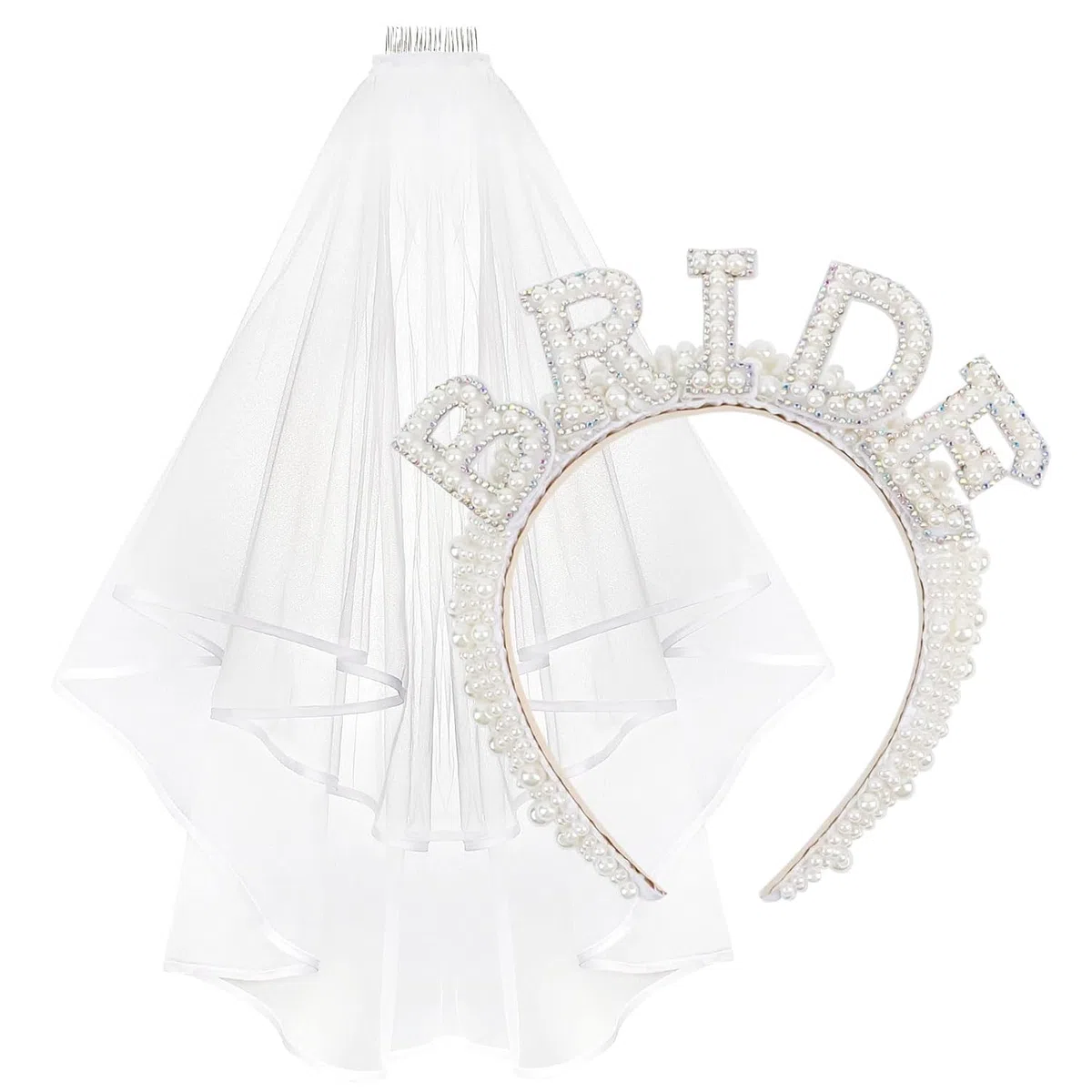 Cerchietto per Capelli con Perle, e Velo da Sposa Bianche, Cerchietto Bride, Cerchietto Sposa Perle, Cerchietto Bride e Velo, per Addio al Nubilato, Fidanzamento, Regalo Nuziale