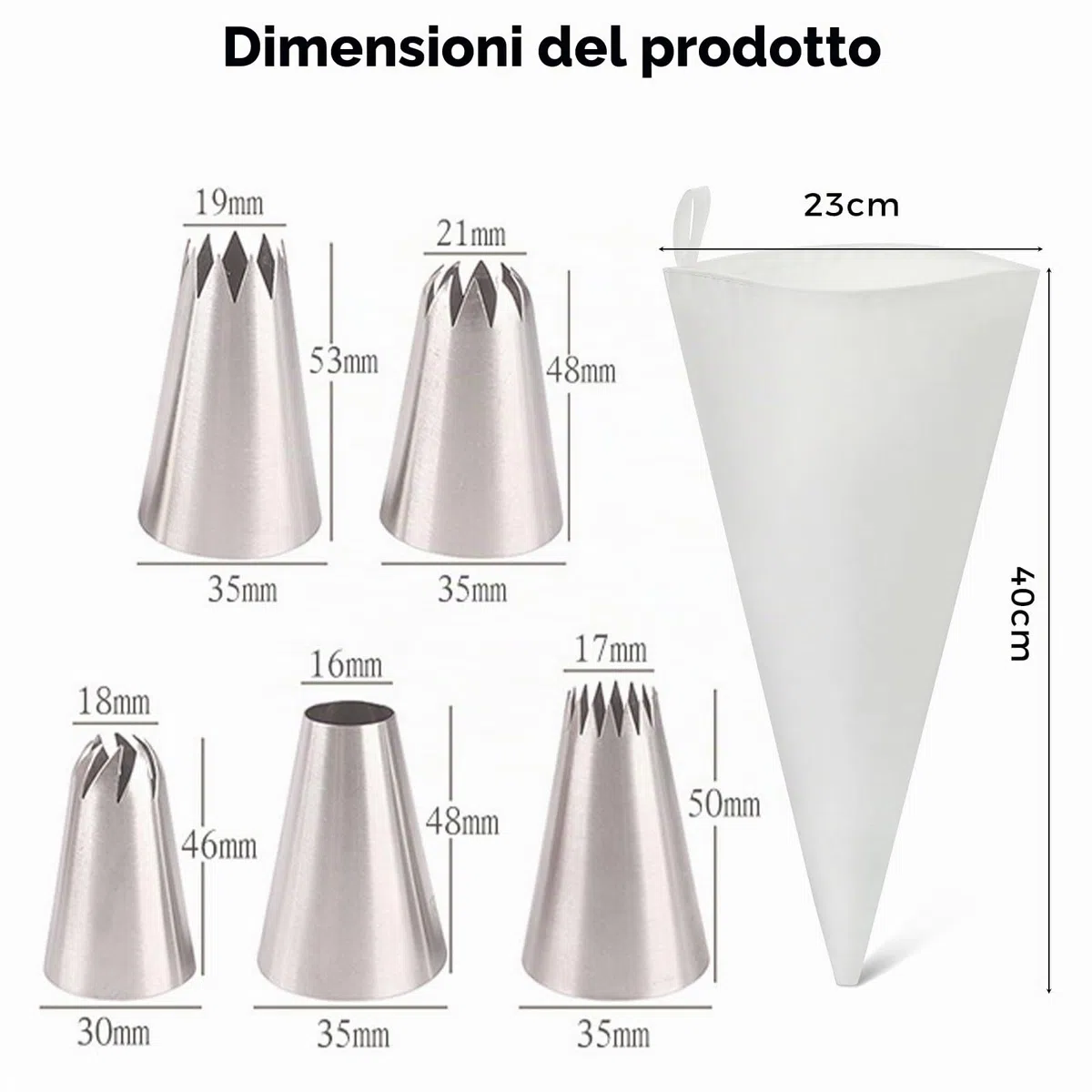 Set Professionale di Sac à Poche Con 6 Beccucci - 5 Beccucci in Acciaio Inox, Riutilizzabili, Grandi per Torte e Biscotti