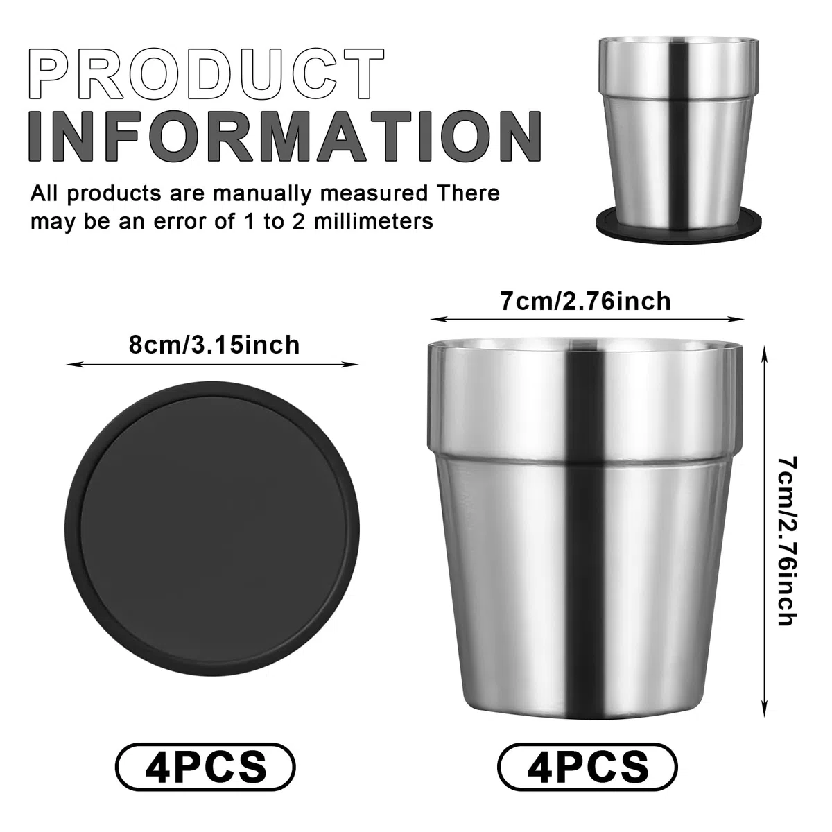 Set di 4 tazze in acciaio inox a doppia parete + silicone Coaster, impilabili, tazze da caffè/tè/bicchieri da birra, per casa, feste o campeggio, 6 once (175 ml)