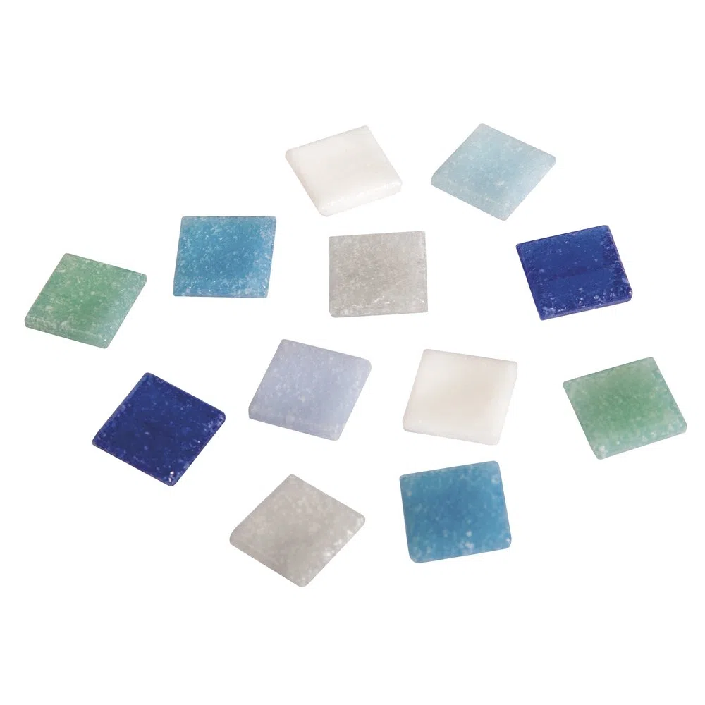 Rayher 1453008, Set tessere per mosaico, tasselli in vetro, piastrelle ideali per decorazioni e fai da te, 1x1 cm, ca. 1300 pz, sfumature di blu.