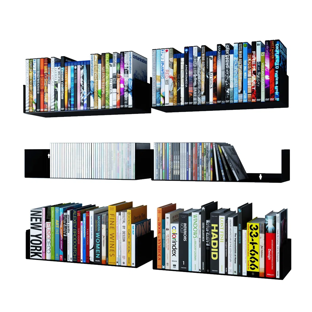 Wallniture Bali - Scaffale galleggiante per parete, libreria in metallo e CD DVD, set da 6