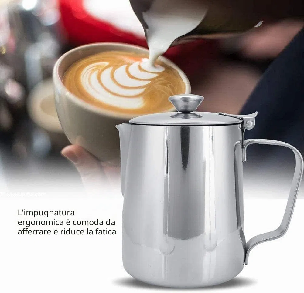 LATRAT Coffee Barista - Brocca per latte in acciaio inox, perfetto per la produzione di schiuma di latte, universale, per cappuccino e latte, 350 ml, colore: argento