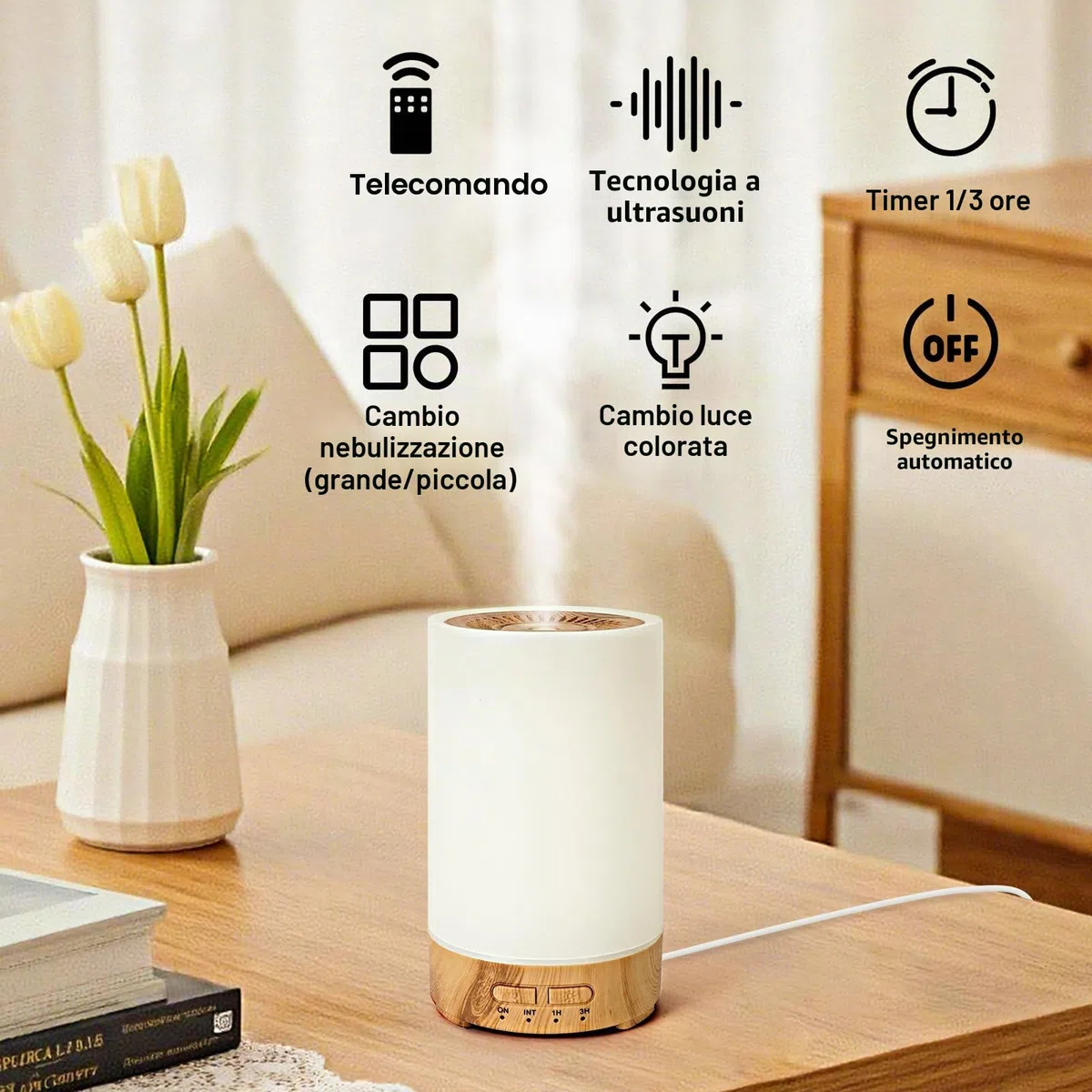 Diffusore di aromi con luce LED a 7 colori, umidificatore con struttura in legno da 150 ml, per oli essenziali, senza acqua, spegnimento automatico, per camera da letto, ufficio, yoga, spa