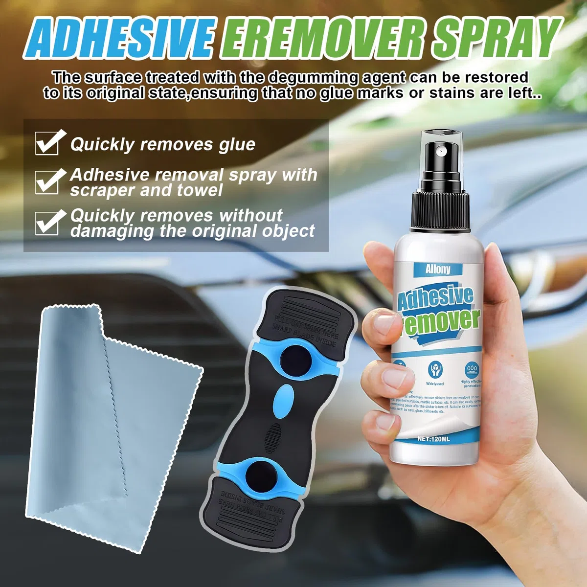 Allony Rimuovi Colla Adesivi, Rimuovi Colla, Spray Rimuovi Etichette, Rimuove in Modo Rapido e Adesivi, Etichette Adesive di Carta, Pellicole e Qualsiasi Residuo di colla Adesiva -120ml con Raschietto