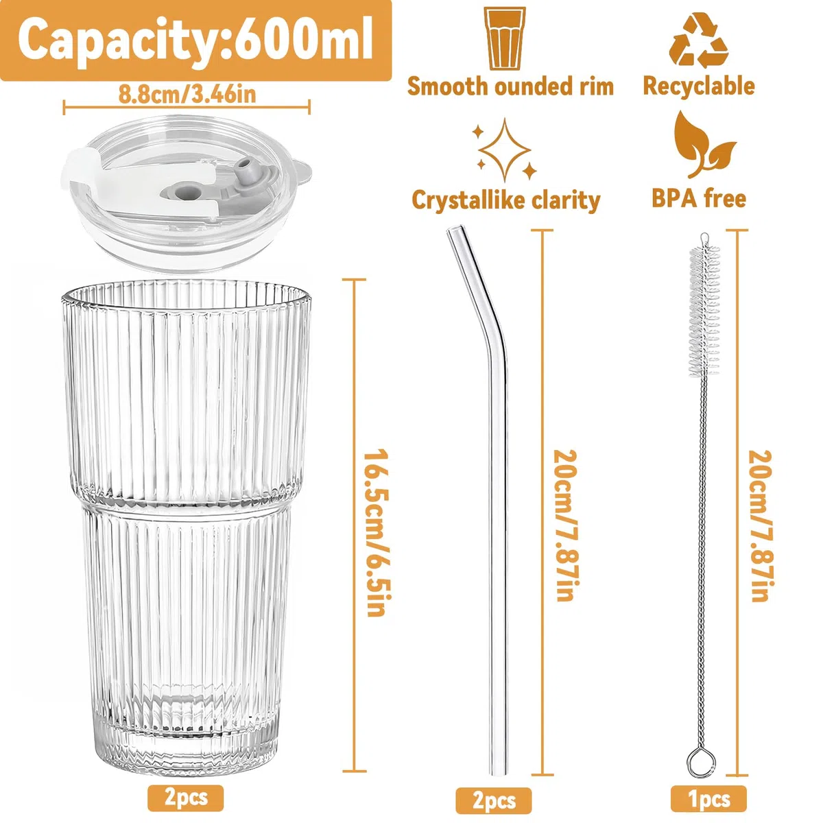 2 Pezzi 600ml Bicchieri da Acqua con Coperchio e Cannuccia, Bicchieri in Vetro con Pennello di Paglia, Ermetico, Bicchieri da Caffè Freddo, Bicchieri a Righe per Tè, Succhi, Caffè, Smoothie