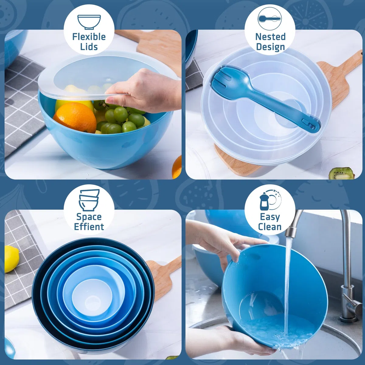 Luxear Grandi Ciotole Plastica Impilabili con Coperchio 0.2-6.5L, Bowl Mescolare per Cucinare, Conservare, Cuocere al Forno, Frutta, Insalate, Microonde, Lavastoviglie, Congelatore, Set da 6