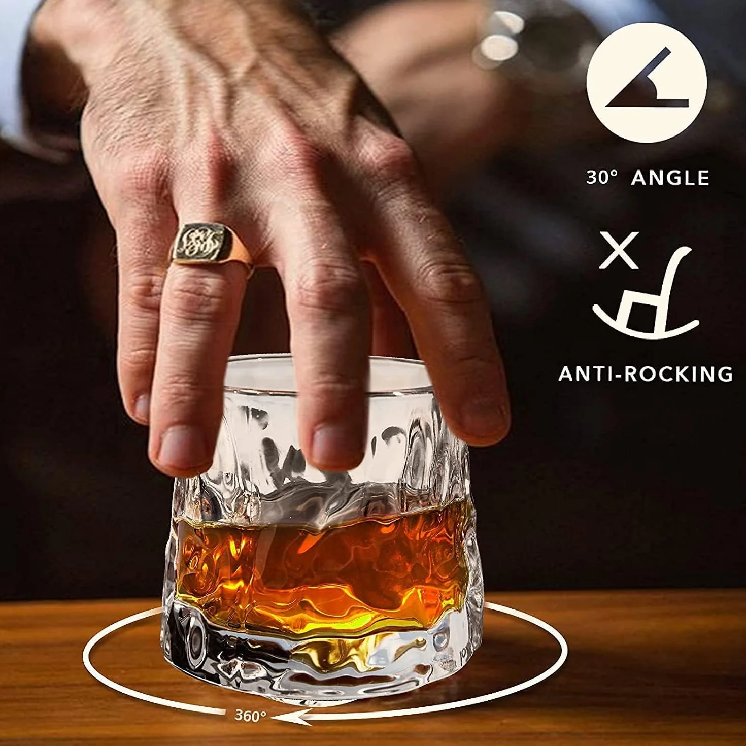 Set di 2 bicchieri da whisky rotanti e decompressivi - Old Fashioned, stile da bar, per bourbon Scotch Rum (confezione da 2 pezzi, texture a martello, 180 ml)