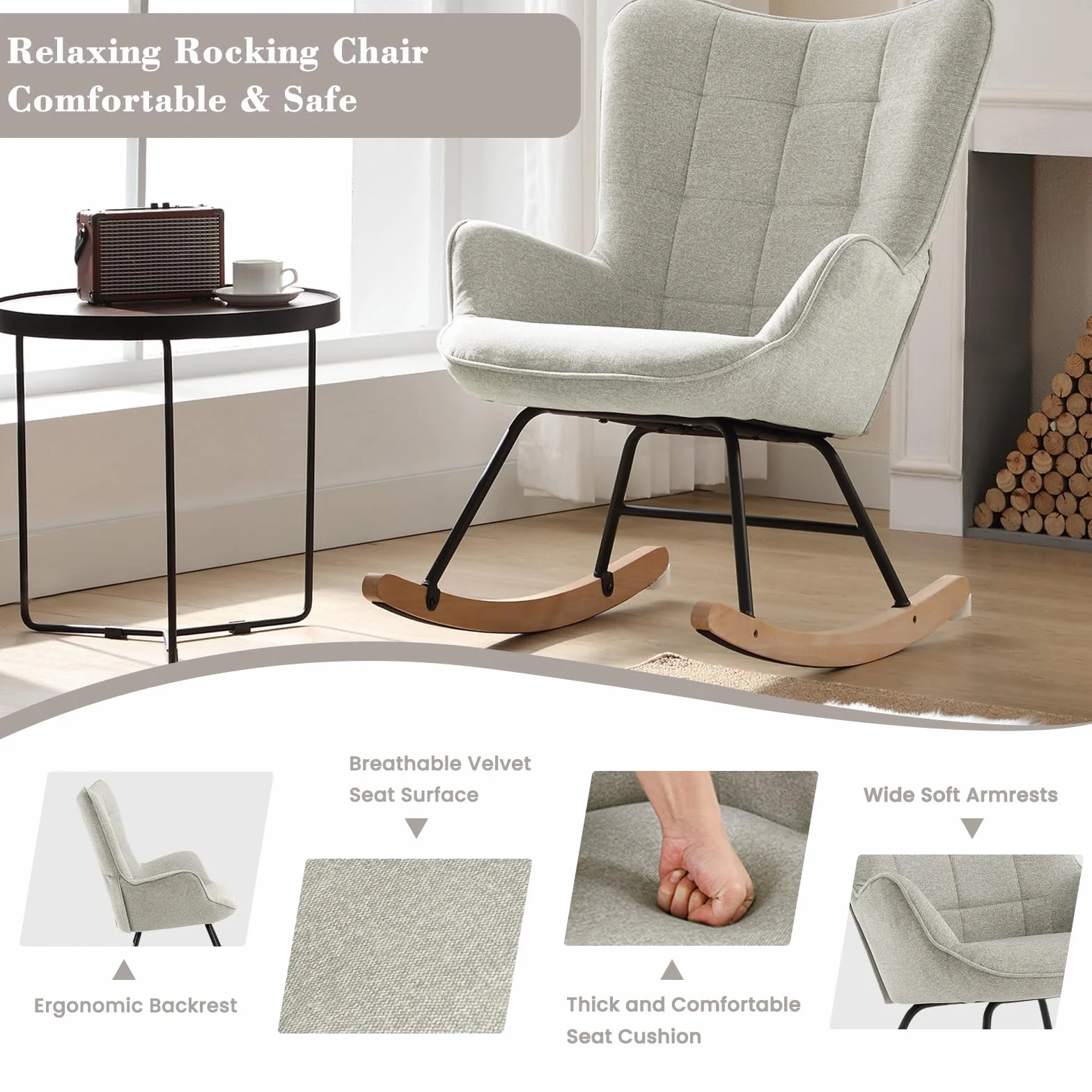 WOLTU Sedia a Dondolo da Interno, Poltrona Relax con Braccioli e Schienale Alto, Sedia Imbottita in Flanella Per Salotto, Camera da Letto, Base in Metallo e Legno Massello Grigio, 69x90x95cm, SKS30gr