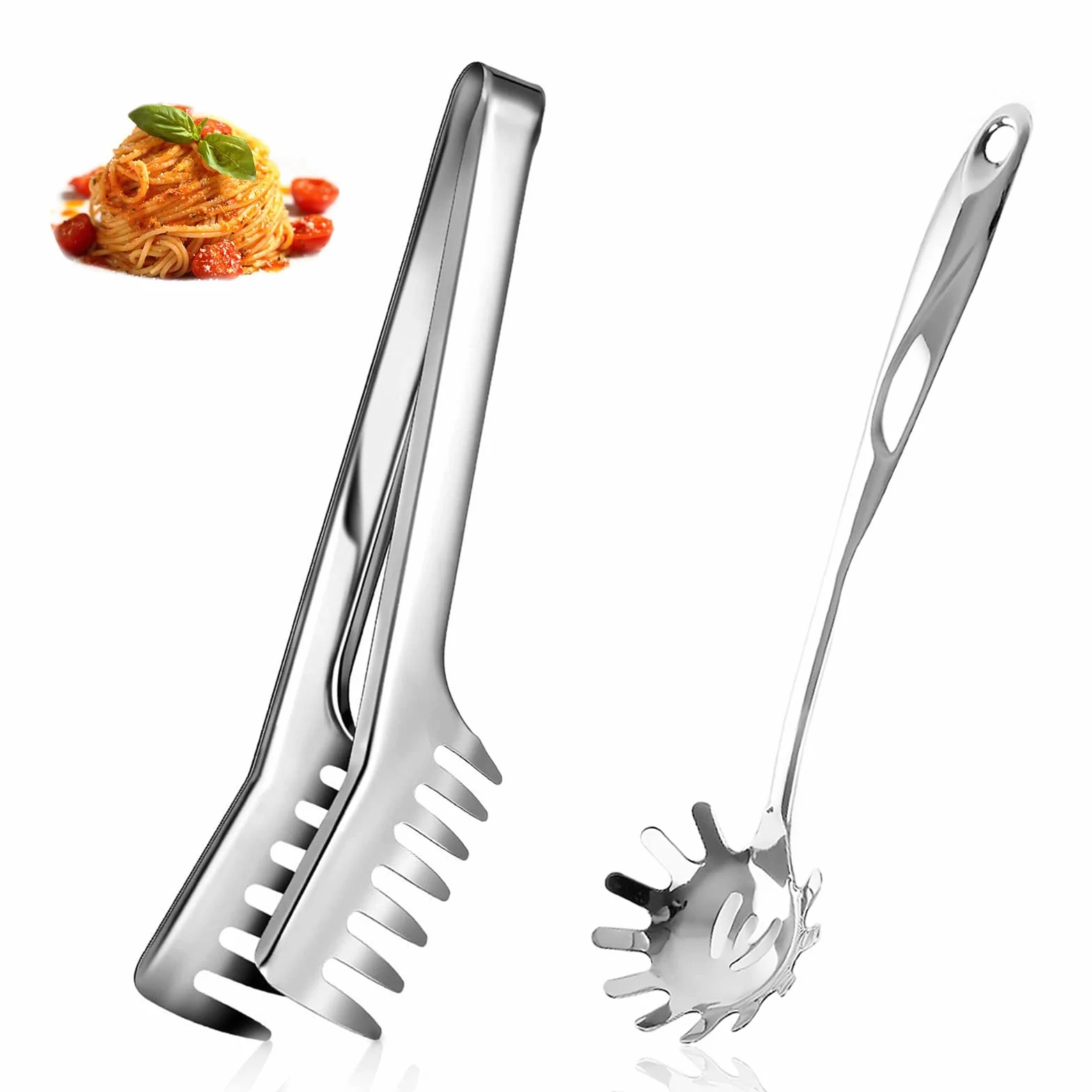 Acciaio Inossidabile Pinza per Pasta, Cucchiaio Servispaghetti, Cucchiaio di Pasta Server Forchetta, lavabile in lavastoviglie, Per Cuocere Pasta, Spaghetti, Insalate, Carni Alla Griglia (34.3cm)