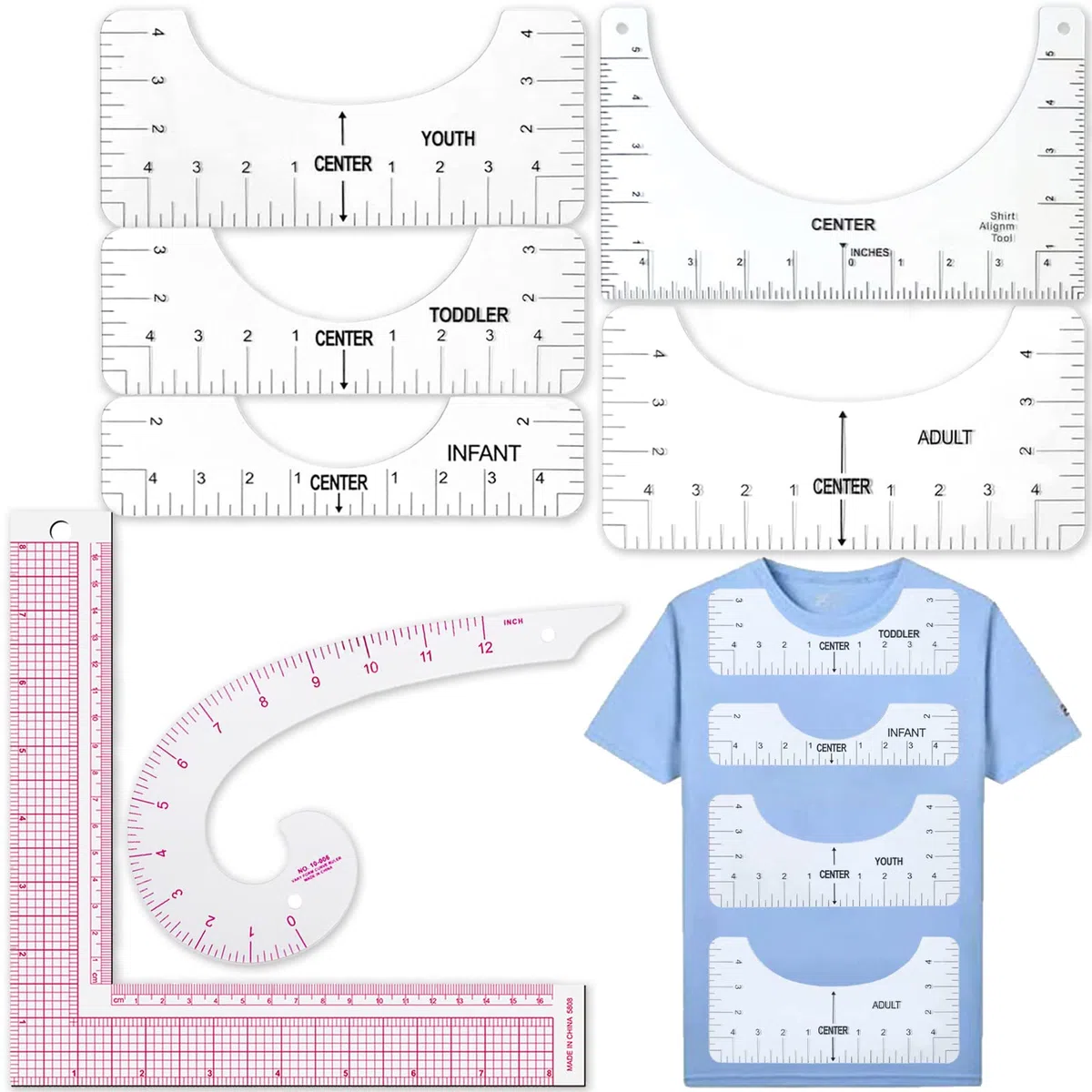 DKDDSSS 7 Pezzi Set da Cucito: Righello per T-Shirt, Quadrato a L, Curva, Metrico - Modello Design per Abbigliamento