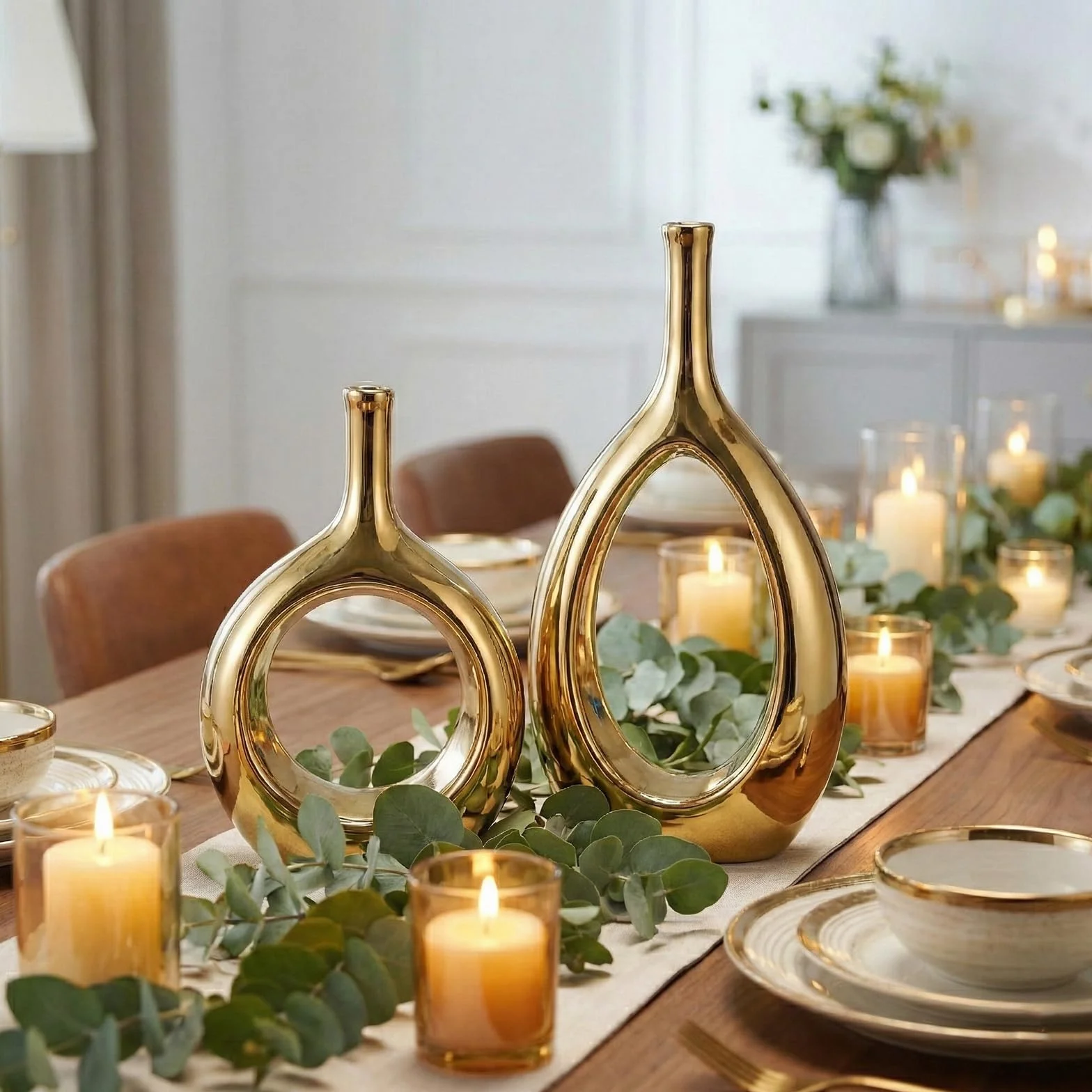 Set di 2 Vasi Moderni Decorativi in Ceramica Placcato Oro, Vaso Dorato con Design Aperto Centrale, Centrotavola Elegante per Soggiorno, Sala da Pranzo, Camera da Letto e Ingresso - Altezza 30.5 cm