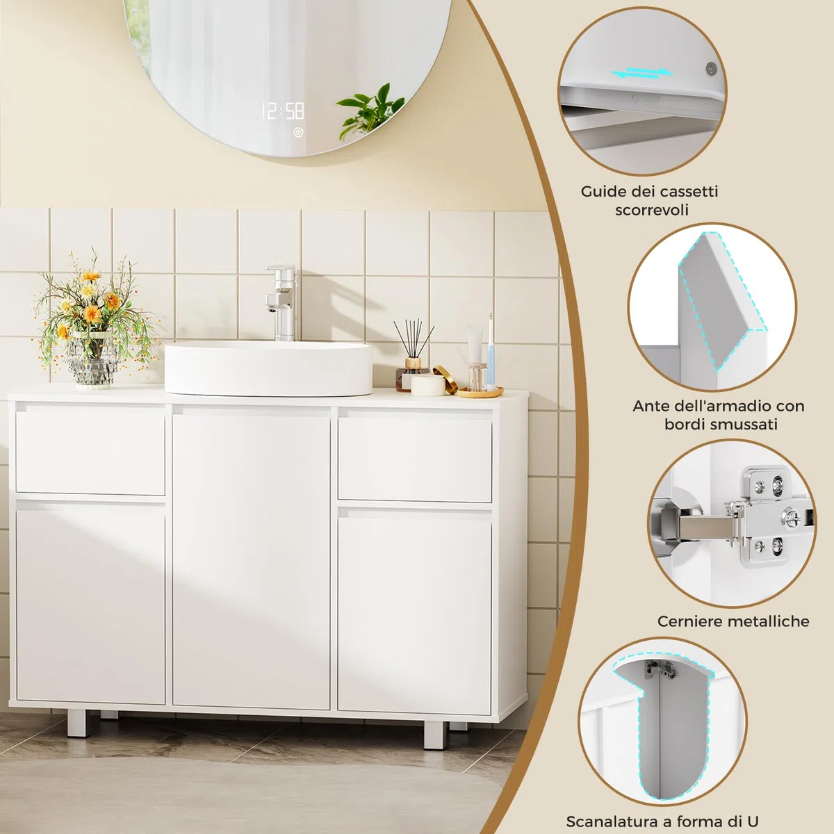 BEWISHOME Mobile Sottolavabo per Bagno, Mobiletto da Bagno, Doppio Cassetto, Tre Ante, Ampia Capacità di Contenimento, Mobile Bagno con Gambe, 90 x 30 x 62,5 cm, Bianco, EYSG01W