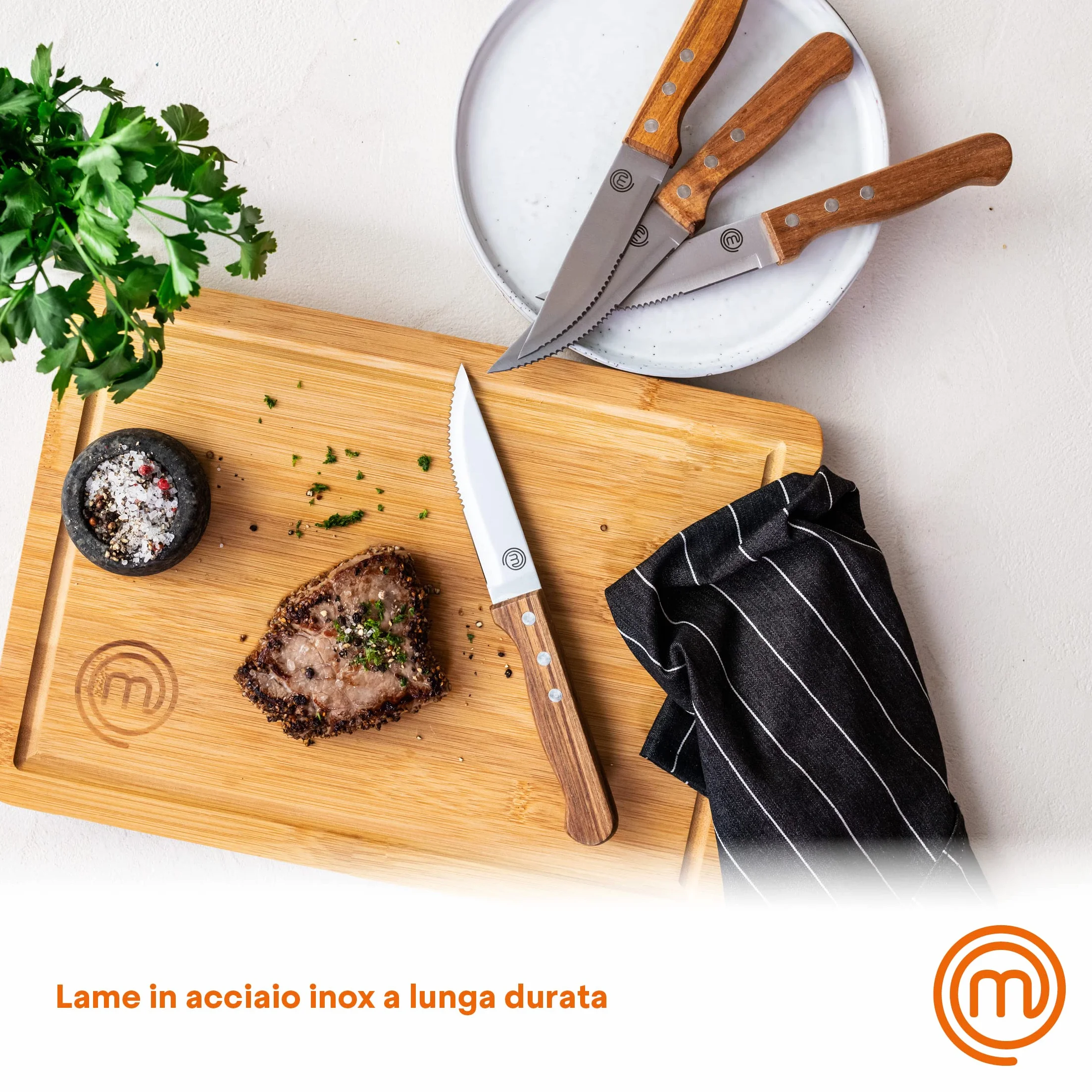 MasterChef Coltelli da Bistecca, Coltello Carne, Seghettato, Fiorentina Set da Cucina Professionali, Prova di Calore, Manici in Legno, Acciaio Inossidabile, Lavabile in Lavastoviglie, 4 Pezzi