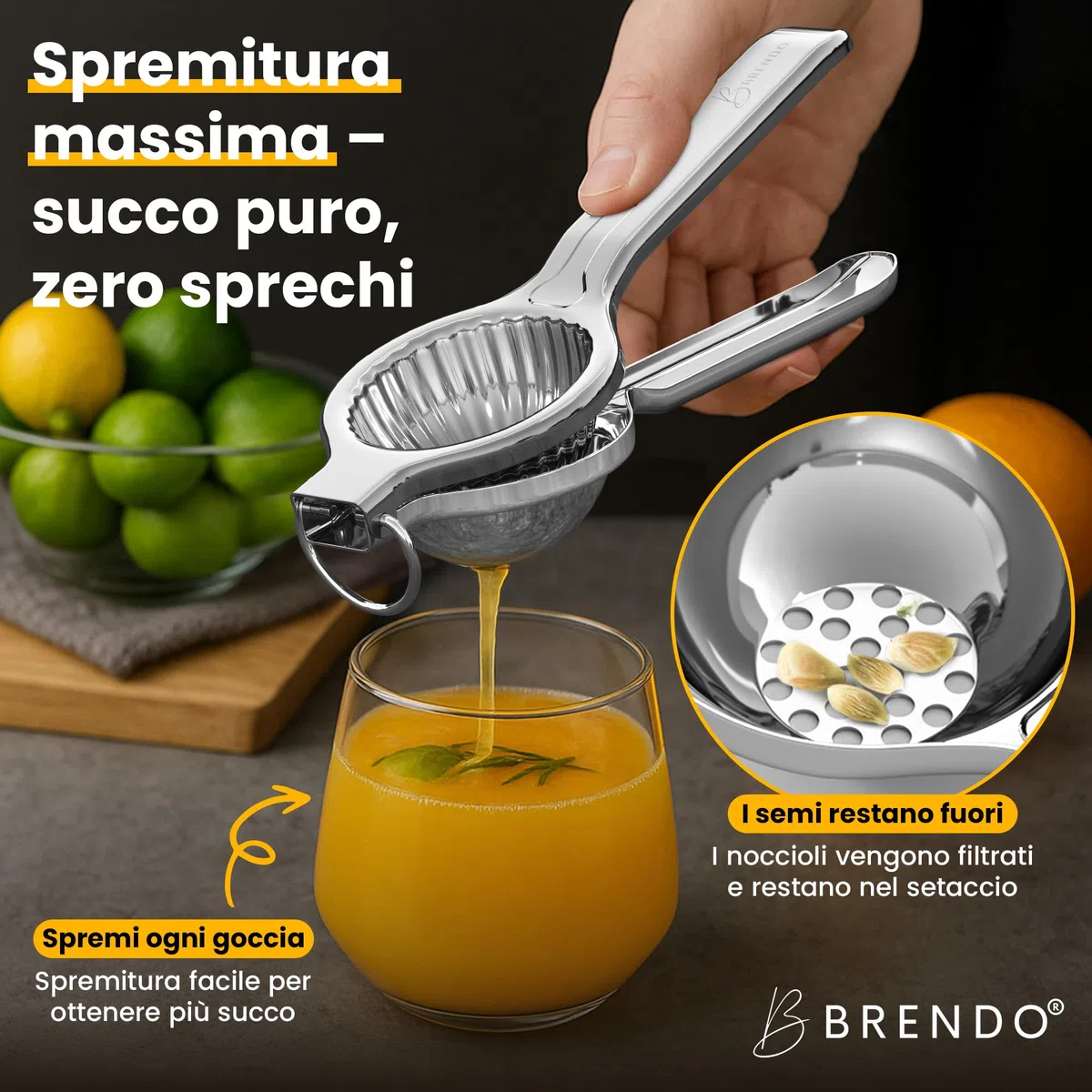 Brendo Spremiagrumi Manuale Premium - Spremi Limone Dimensione Universale perfetta per tutti gli agrumi | Spremi Agrumi massima freschezza e gusto, Spremi Lime lavabile in lavastoviglie, Juicer ideale