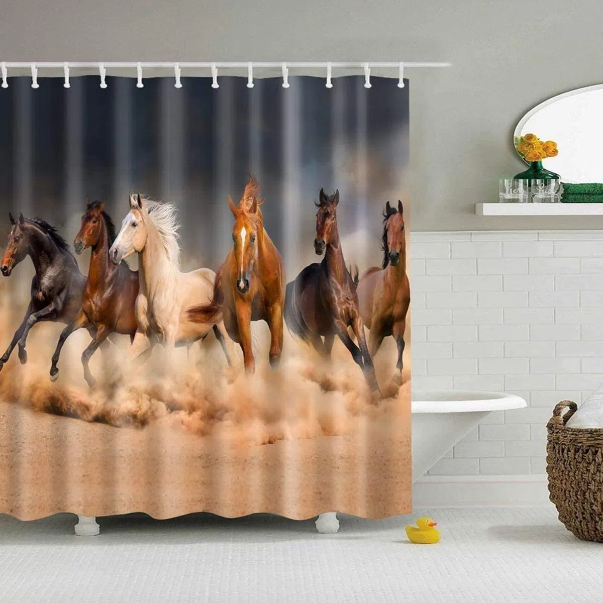 Tenda Doccia 120 x 200 Corsa di Cavalli, Antimuffa Animale Cavallo Tenda della Vasca da Bagno, 3D Tenda per Doccia Lavabile Impermeabile Tende Doccia Tessuto, con 8 Ganci