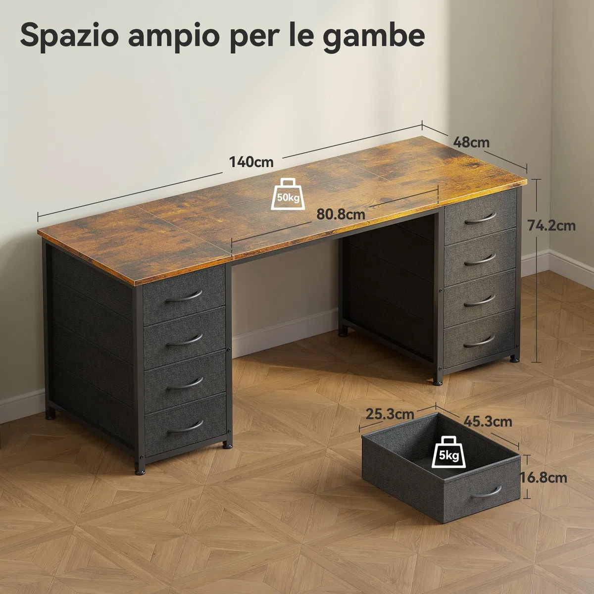 Coleshome Scrivania con 8 Cassetti in Tessuto, 140x48cm Scrivania per Computer, Scrivania Salvaspazio Tavolo Ufficio per Studio, Camera da Letto, Marrone