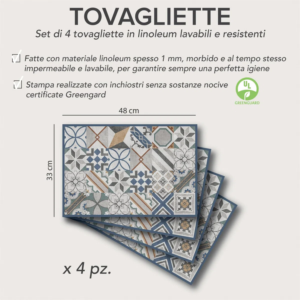 CREARREDA Tovagliette all'Americana Blue Tiles, set di 4 tovagliette colazione in PVC, 48x33 cm, antiscivolo, lavabili, resistenti allo sporco, resistenti al calore, made in italy