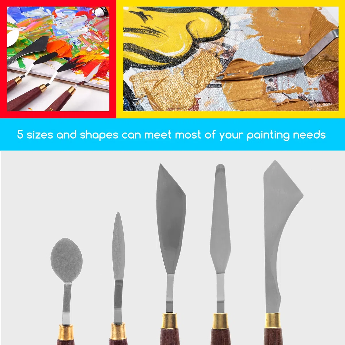 MEEDEN 5 Coltelli per Pittura Set, Versatili Coltelli da Tavolozza in Acciaio Inossidabile con Raschietto per Miscelazione per Pittura ad Qlio, Acrilico e Altro